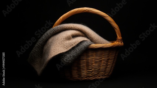 A woven basket contains folded textured soft woolen blankets inside