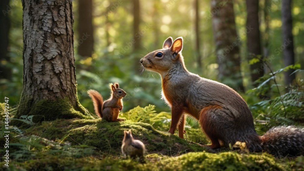 Obraz premium Animal background with wild forest creatures and natural habitat. Animal background with birds, deer, and playful squirrels. Calm sunny day in the wilderness. Wildlife event banner background concept.