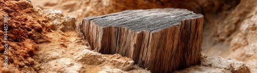 Tree stump representing environmental damage and forest decline concept. A stunning piece of petrified wood nestled in earthy surroundings.