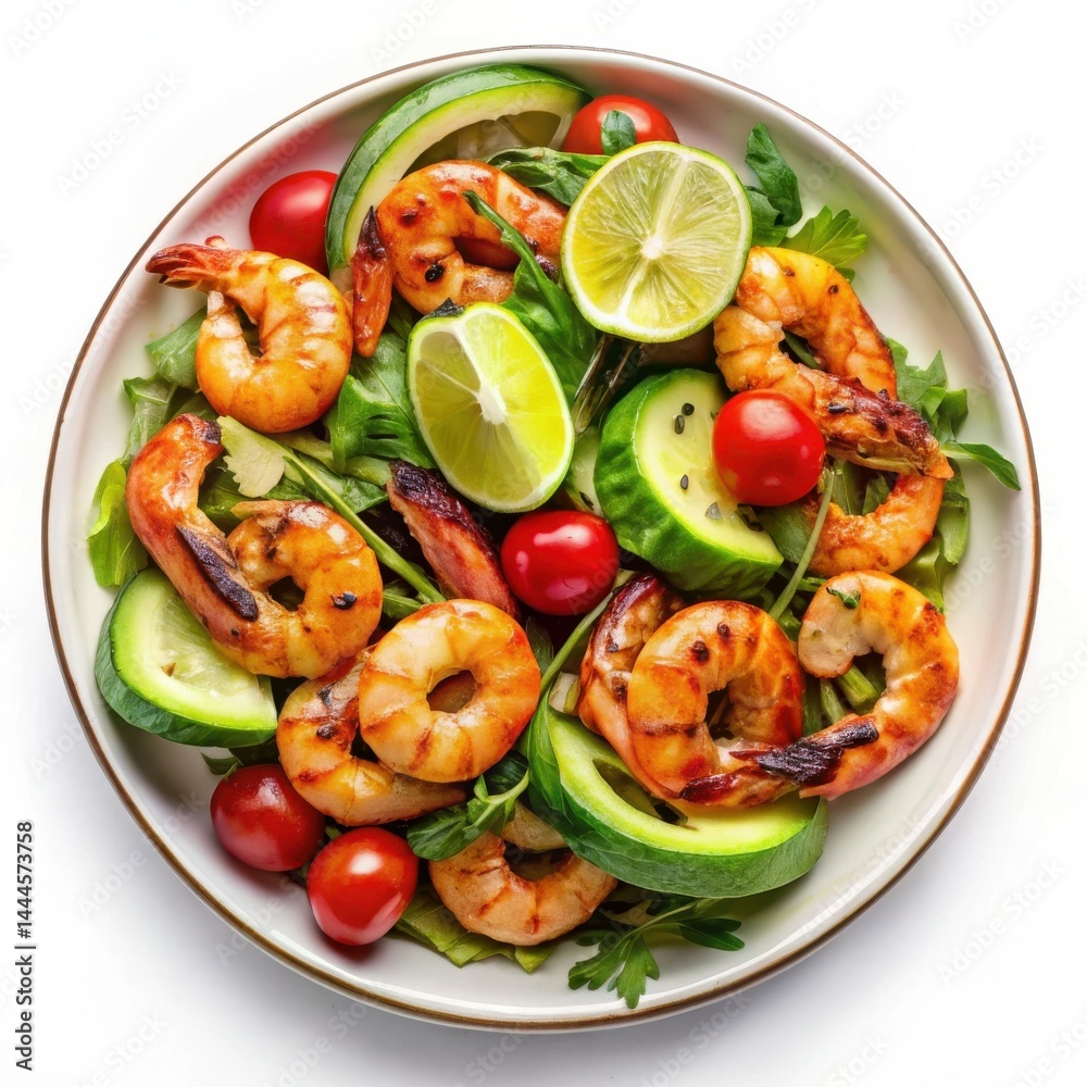 Fresh Shrimp Salad With Lime Cucumber And Tomatoes On White Background Fresh Shrimp Salad With Lime Cucumber And Tomatoes On White Background
