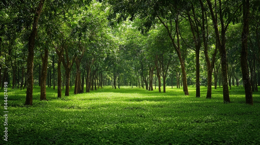 Obraz premium Lush green forest grove with sunlight filtering through trees.
