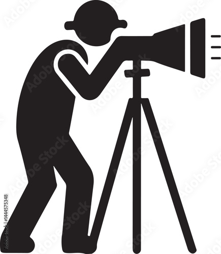 A silhouette of a photographer and a man with a telescope stand with their equipment, perhaps a tripod and camera, against a black studio background