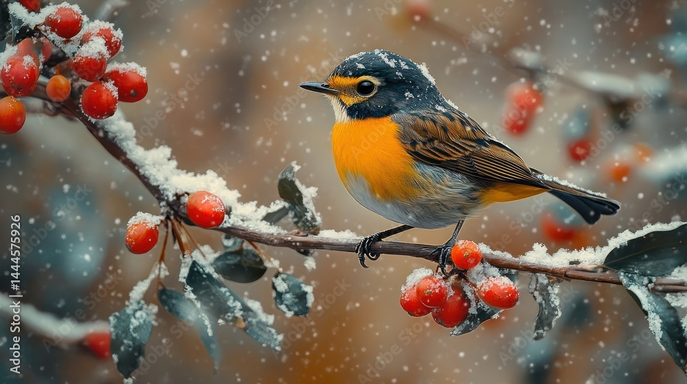 Snowy day with bird on branch, and red berries. Snowy day with bird on branch, and red berries.