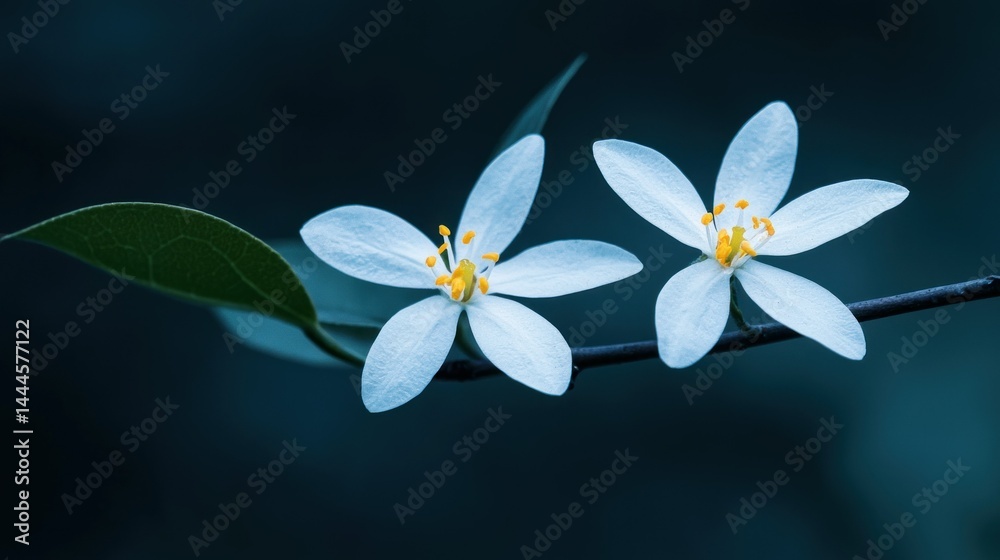 Fototapeta premium Two beautiful white flowers bloom on a thin dark branch