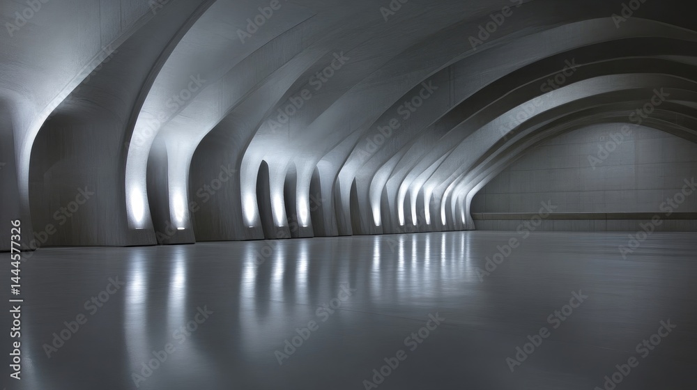 Fototapeta premium Modern, illuminated tunnel. A long, arched hallway, with smooth, light gray walls and a highly polished, reflective floor. Soft, ambient lighting accentuates the architectural design