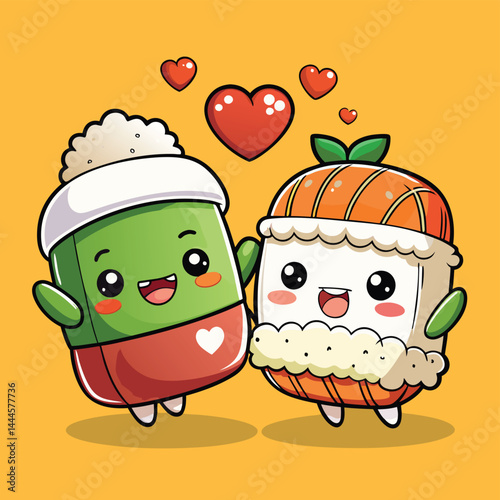 Experience the adorable charm of a sushi roll couple falling in love in this heartwarming cartoon icon illustration. Perfect for food-related content, romantic themes, and playful designs.
