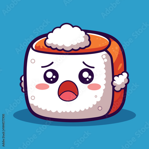 Witness the emotional portrayal of a cute sushi roll shedding tears in a heartfelt cartoon icon illustration. Ideal for expressing empathy, storytelling, and creative designs.
