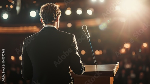 A winner giving an acceptance speech behind a podium photo