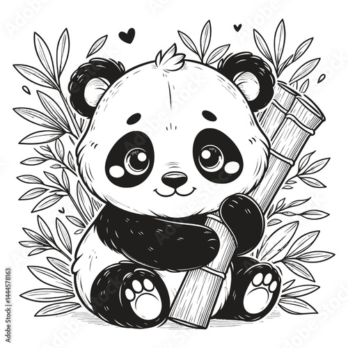 Cute Panda Holding Bamboo Cartoon Illustration
