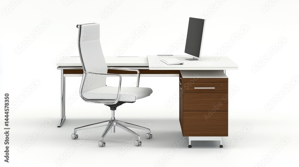 Modern White Office Desk with Chair and Computer Modern White Office Desk with Chair and Computer