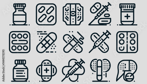 Collection of Medical Supplies and Medicine Icons in Line Art Style