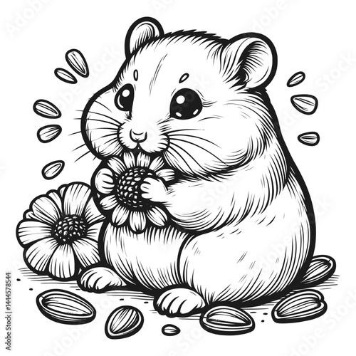 Hamster Holding Flower Black and White Line Art