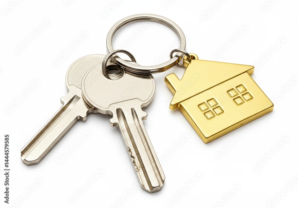 Close up shot of two keys and a golden house keychain on a metal ring on a white background Close up shot of two keys and a golden house keychain on a metal ring on a white background