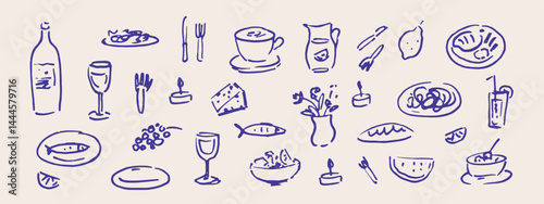 Hand drawn aesthetic food illustration. Sketch style dinner, breakfast, lunch icons. Dolce vita style. Poster, card, menu, branding design elements.