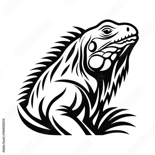 Detailed Black and White Iguana Design Reptile, Tribal, Animal, Isolated, Nature