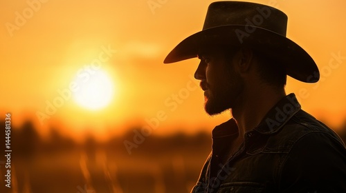 A cowboy wearing a hat views the sun at sunset