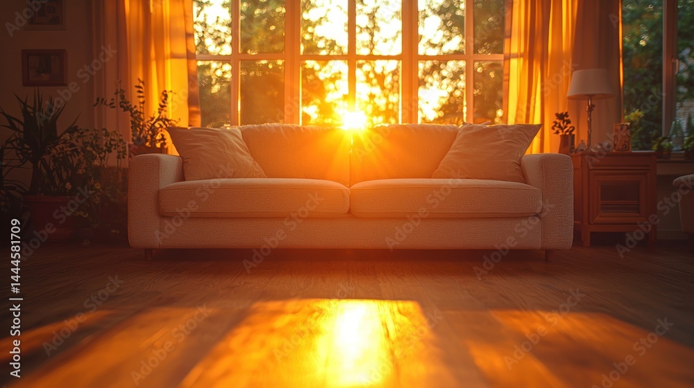 Fototapeta premium Bright living room, sunlight through large windows