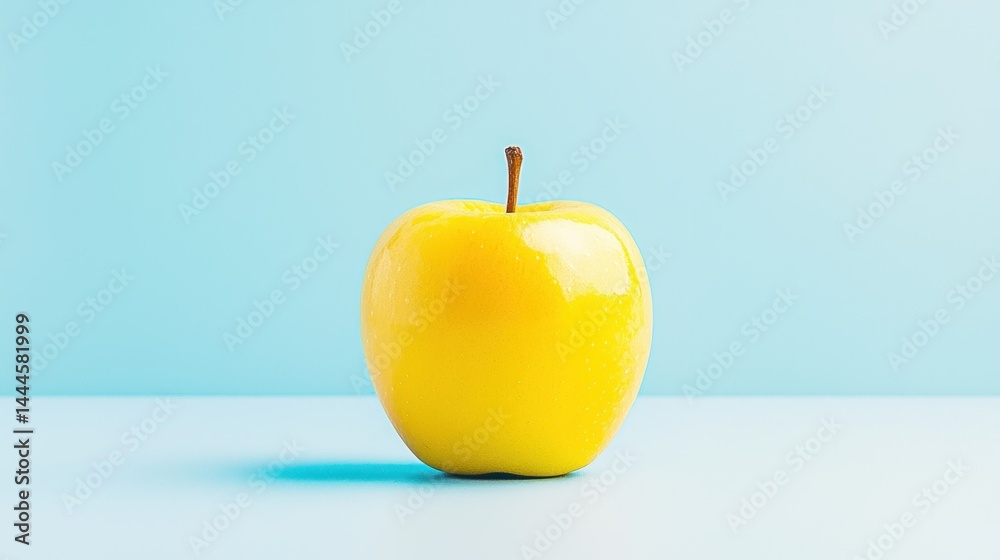 Obraz premium A single yellow apple sitting on a blue surface gracefully