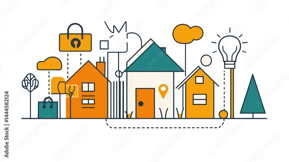 Colorful illustration showcasing connectivity concepts within a residential community Colorful illustration showcasing connectivity concepts within a residential community