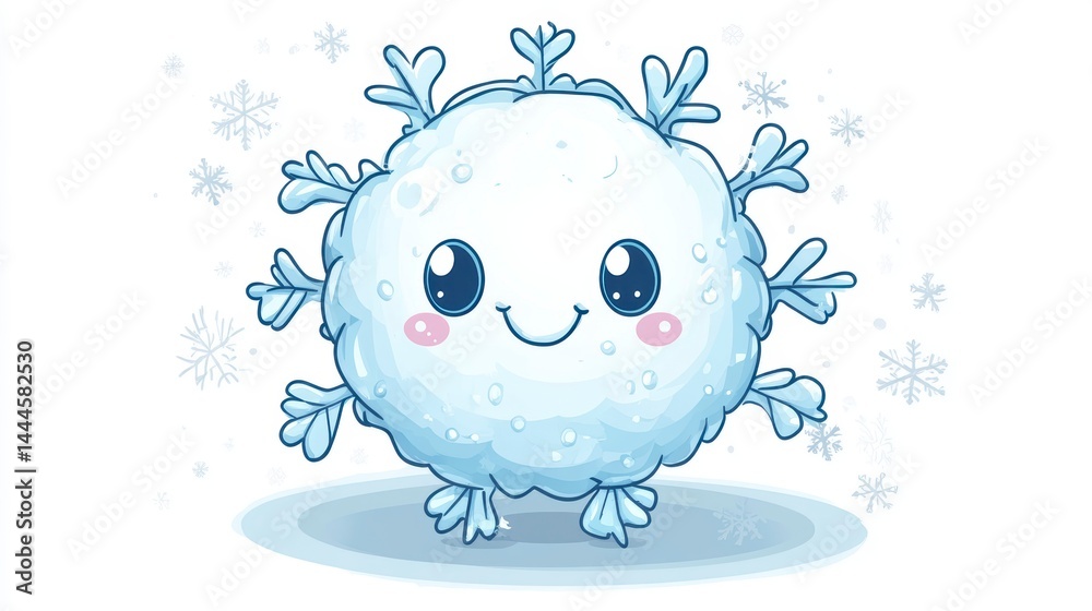 Fototapeta premium Cute cartoon snowball character with snowflakes.