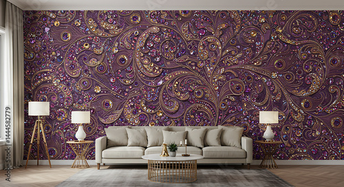 Opulent Purple and Gold Jewel-Tone Floral Wall Mural in Modern Living Room