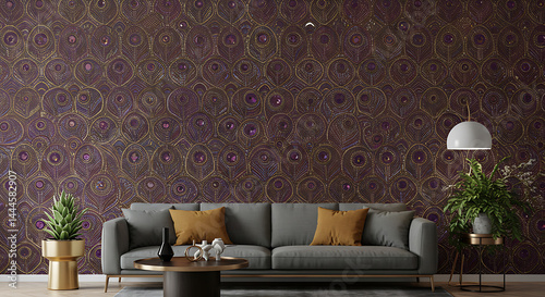 Deep Plum Peacock Feather Wallpaper in Modern Living Room