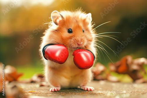 Adorable hamster in red boxing gloves standing outdoors on stone surface with autumn leaves around. Concept of sports, fitness and wellness campaigns. Hamster boxer in autumn park