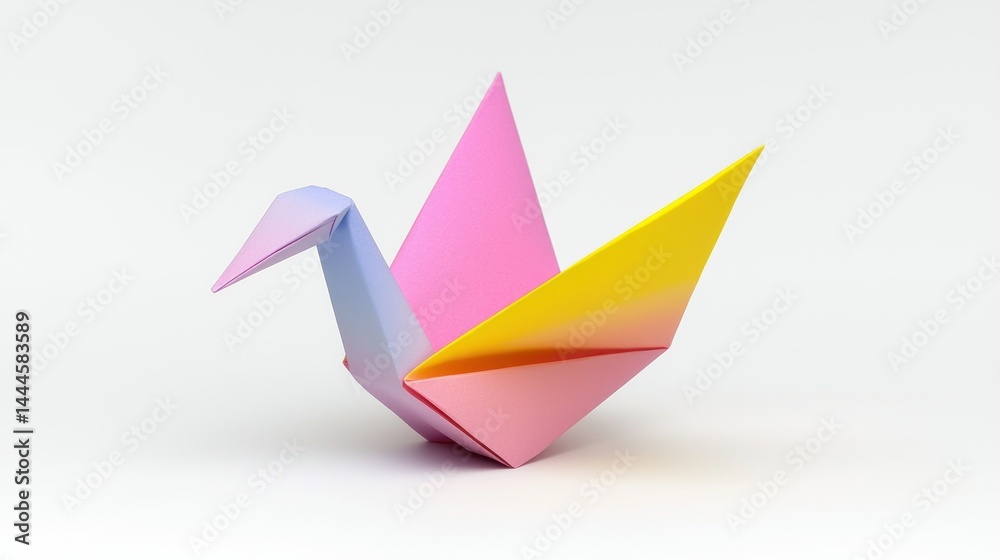 Naklejka premium A Colorful Paper Crane Origami Displayed Against a White Background