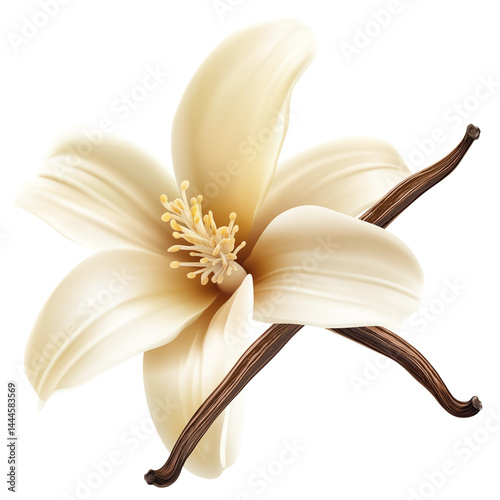 Vanilla flower with beans on a white background