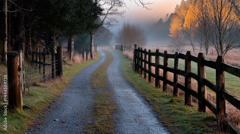 Obraz premium A winding gravel road alongside fences through a misty landscape