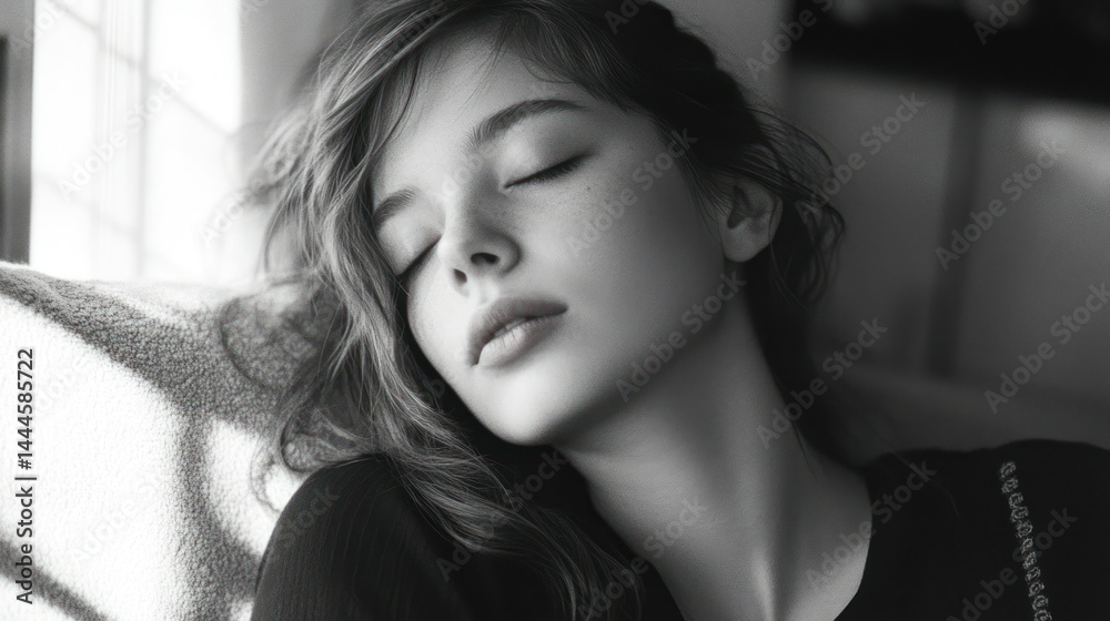 Naklejka premium A young woman peacefully rests with her eyes closed