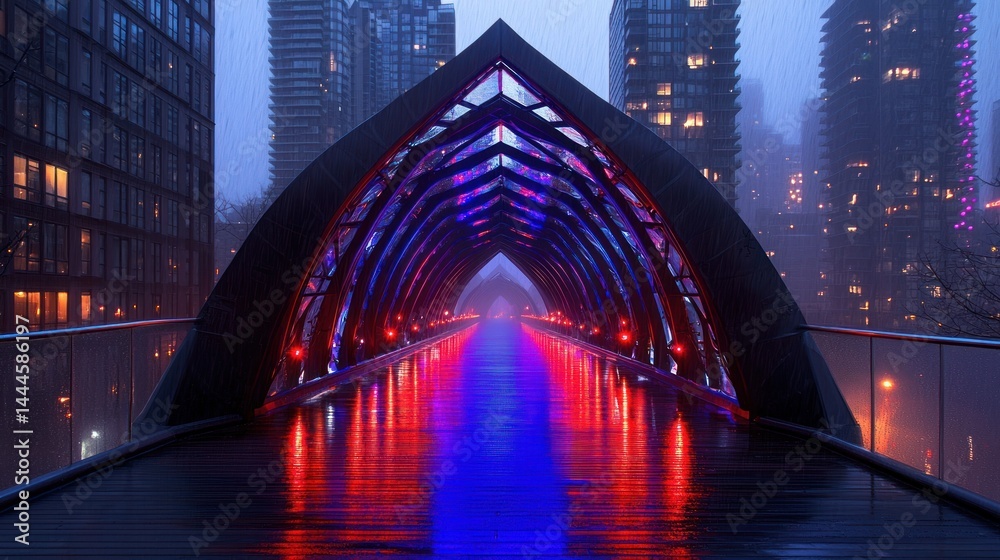 Obraz premium Illuminated covered walkway extending toward urban city skyscrapers under rain