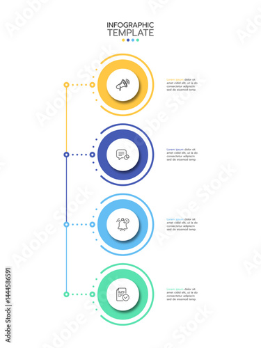 Infographic template with four horizontal circular elements, each featuring an icon and text area. The circles are connected by a dotted line. Vector illustration.