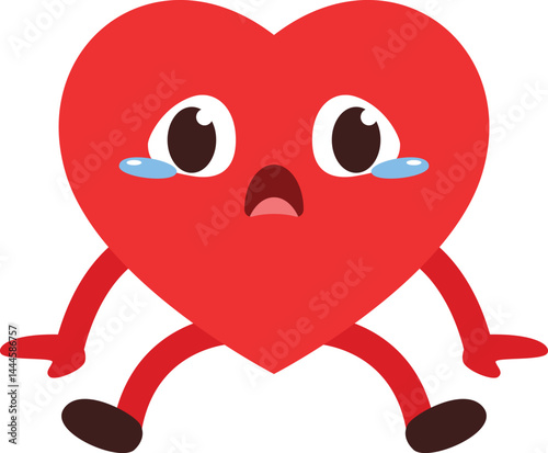 simple cartoon cute heart character is sad with both feet and hands on the ground