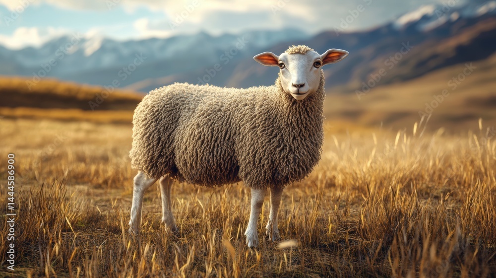 Fototapeta premium Fluffy sheep standing in a golden field, majestic mountains in the background.