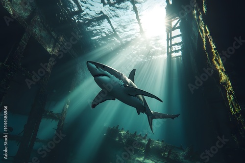 Shark swimming near a shipwreck with sun rays penetrating the water in an ocean environment