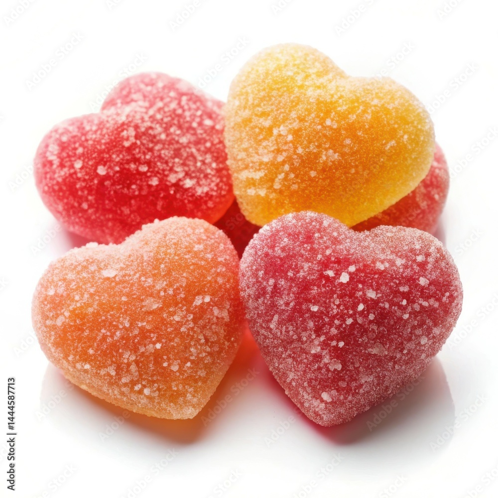 Close Up Of Colorful Heart Shaped Sugar Coated Gummy Candies On White Close Up Of Colorful Heart Shaped Sugar Coated Gummy Candies On White