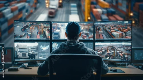 Wallpaper Mural Security Overseer at Work: An observant figure, deep in concentration, monitors multiple screens at a logistics hub. The screens provide critical surveillance of the operations. Torontodigital.ca