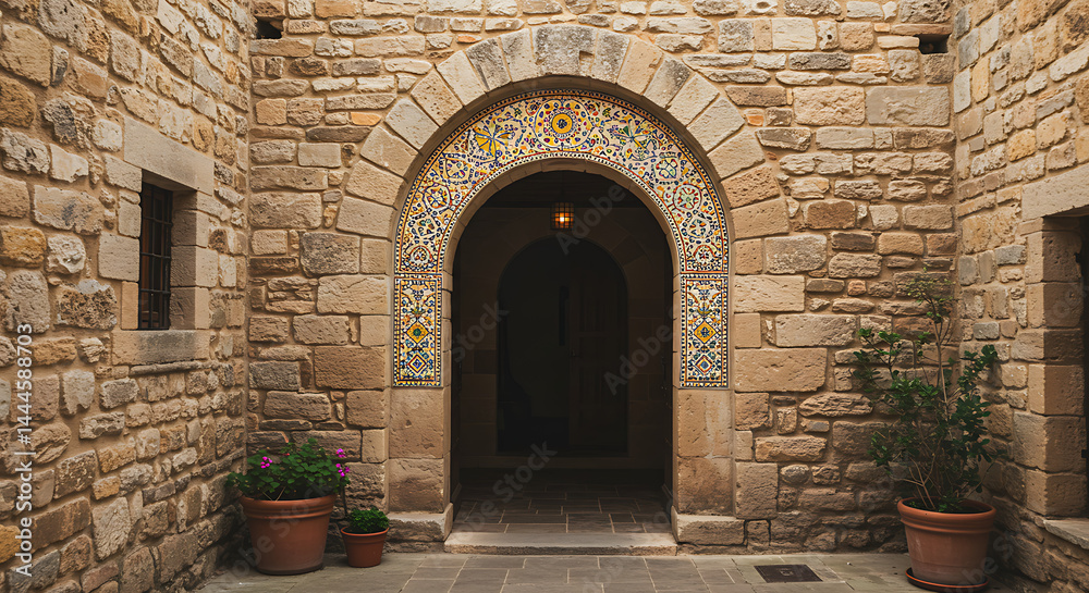 Fototapeta premium Ornate Mosaic Archway in Rustic Stone Courtyard