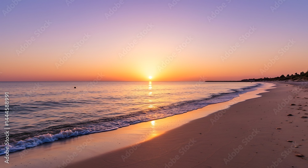 Fototapeta premium Beach Sunset with Golden Light Reflecting on the Sand and Gentle Waves