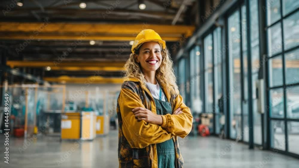 Focused Worker in Industrial Setting: A skilled, female worker wearing protective gear stands confidently, arms crossed, within an industrial environment. Focused Worker in Industrial Setting: A skilled, female worker wearing protective gear stands confidently, arms crossed, within an industrial environment.