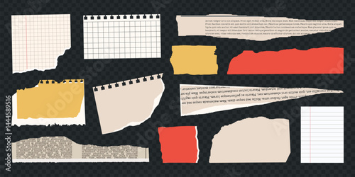 Rip torn paper set. Trendy retro vintage colored newspaper cut set, notebook sheet,  y2k elements for sticker, grunge texture, collage, poster. Old gazettes piece collection. Isolated Vector illustrat