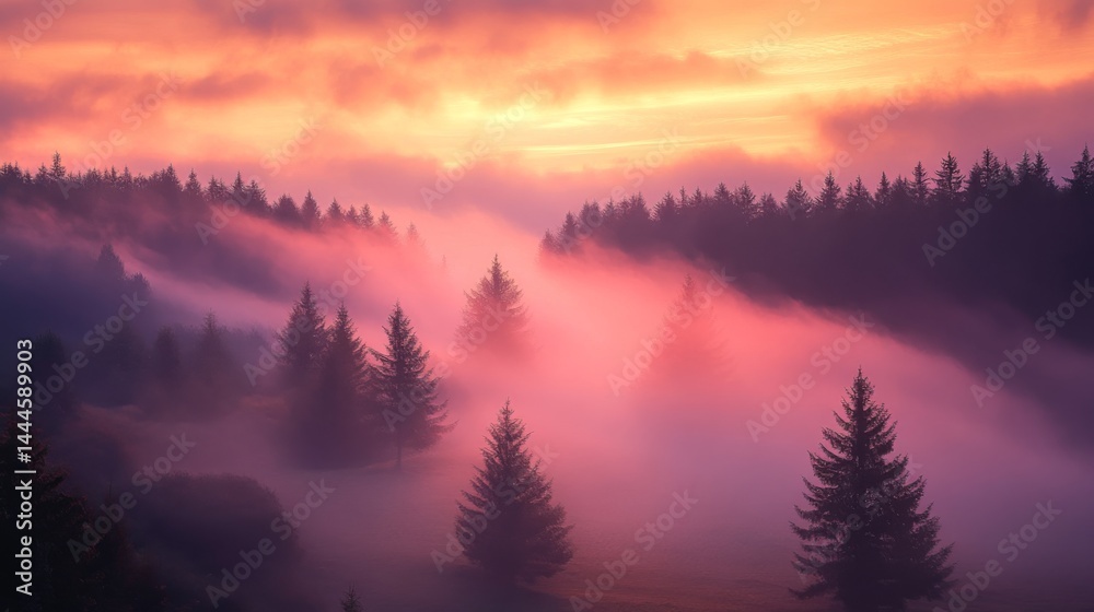 Obraz premium Colorful sunrise over a misty mountain valley.