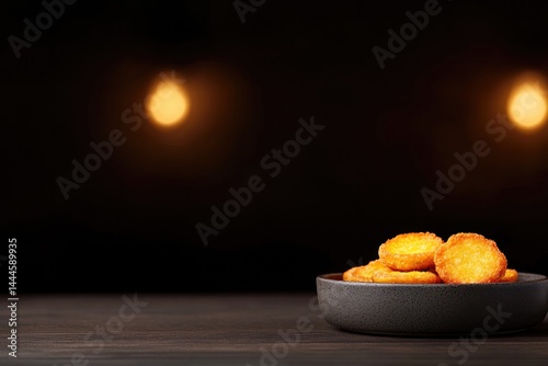 Golden snacks arranged in stylish bowl, illuminated by soft ambi