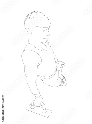 A man is doing a handstand on a gymnastics bar. He is holding a bag in his hand