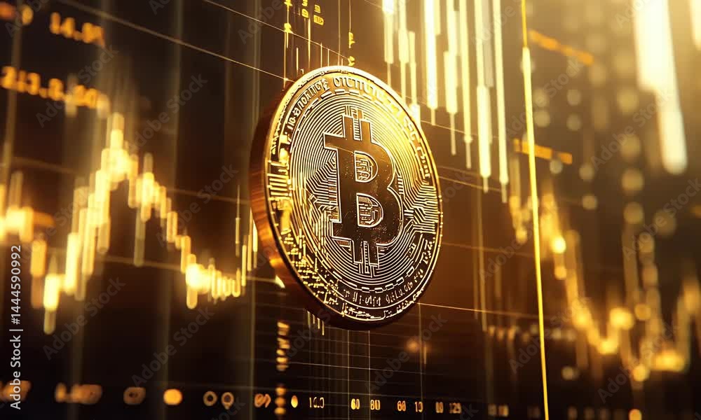 Shiny golden bitcoin coin with digital candlestick chart representing crypto trading, blockchain finance, and future virtual currency trends.