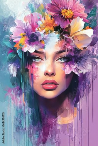 Woman Portrait with Floral Headdress Artistic Impression