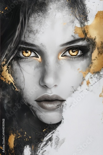 Woman's Face with Gold Accents in Artistic Black and White Portrait