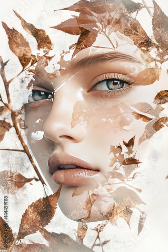 Woman's Face with Overlay of Autumn Leaves in Double Exposure