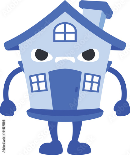 simple cartoon character of a house is angry with a pose of both hands clenched